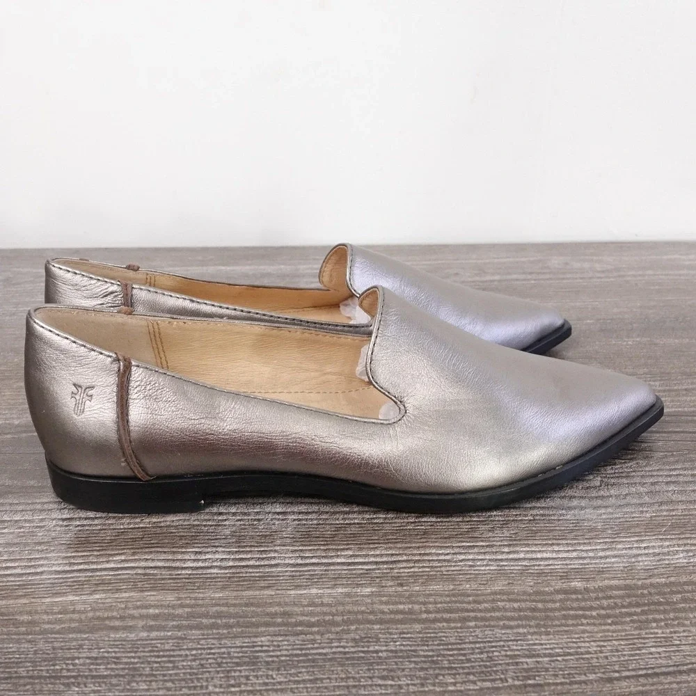 New! Frye Shoes Womens Size 6 Silver Kenzie Venetian Slip On Leather Flats - Picture 4 of 9